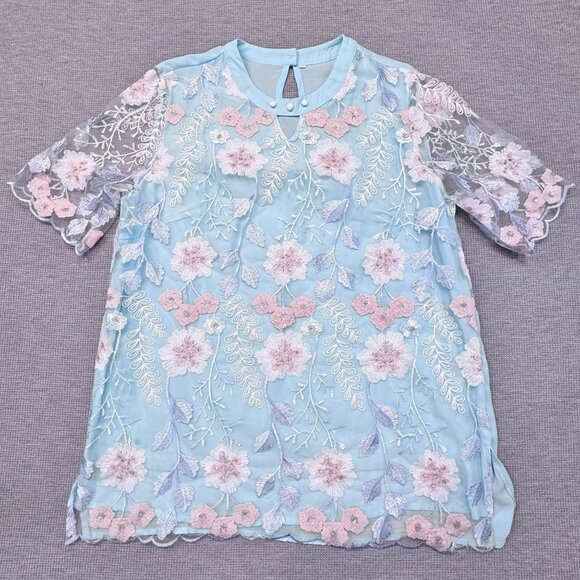 Floral Embroidered Sheer Overlay Tunic Blouse Keyhole Light Turquois Silver XXL - Picture 3 of 11